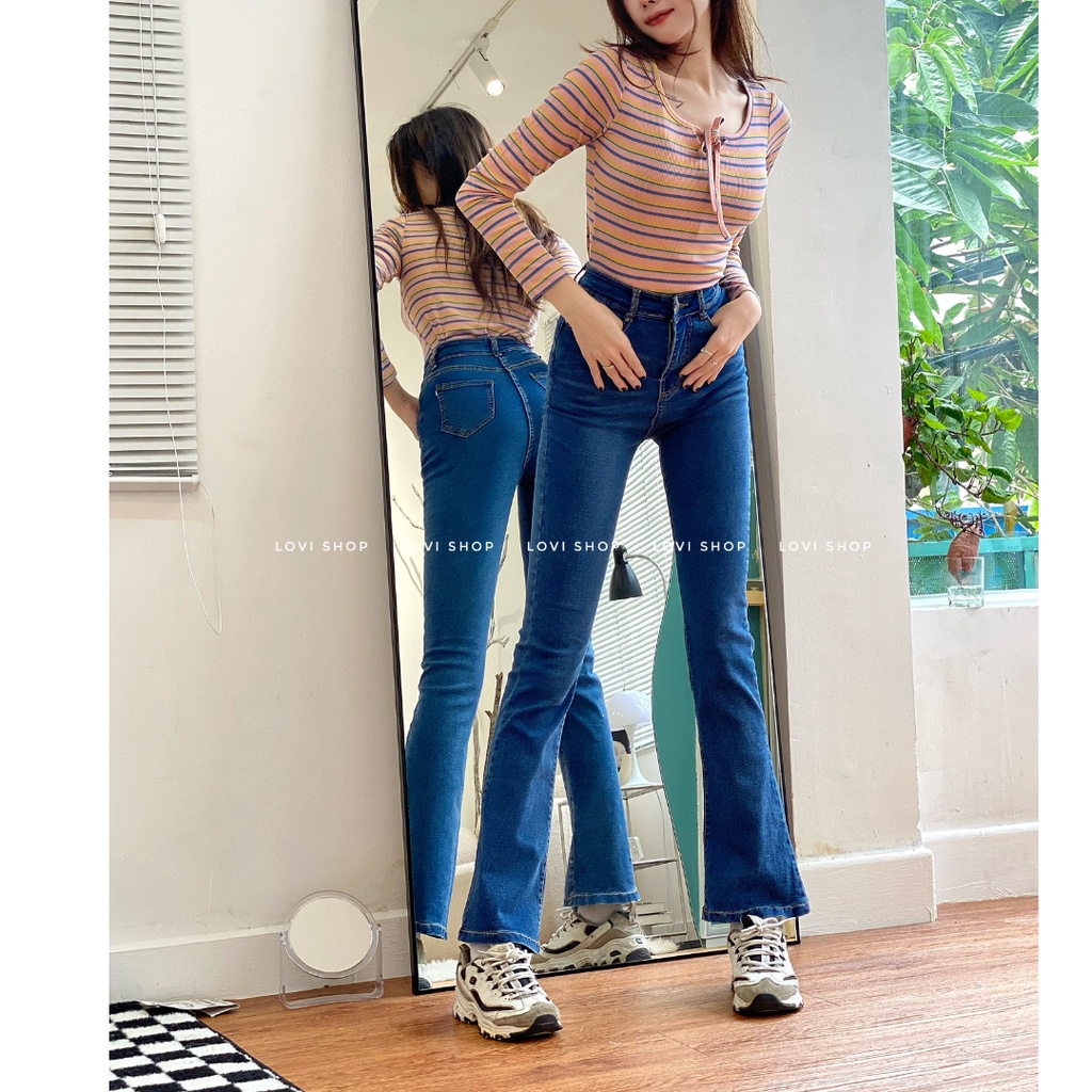 Áo croptop thun gân tay dài kẻ sọc cột nơ thời trang Lovi