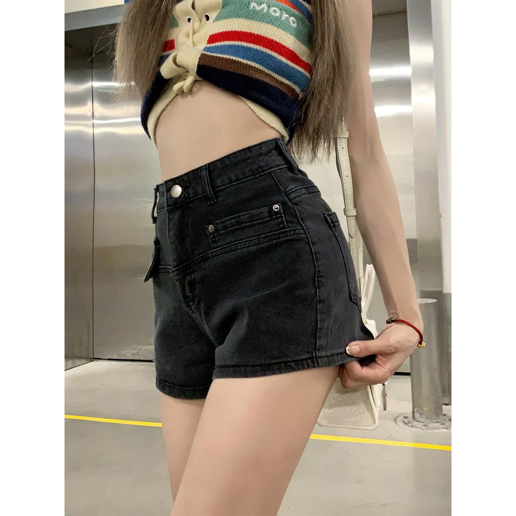 Quần Short Denim Lưng Cao Có Túi Phong Cách Hàn Quốc Cho Nữ