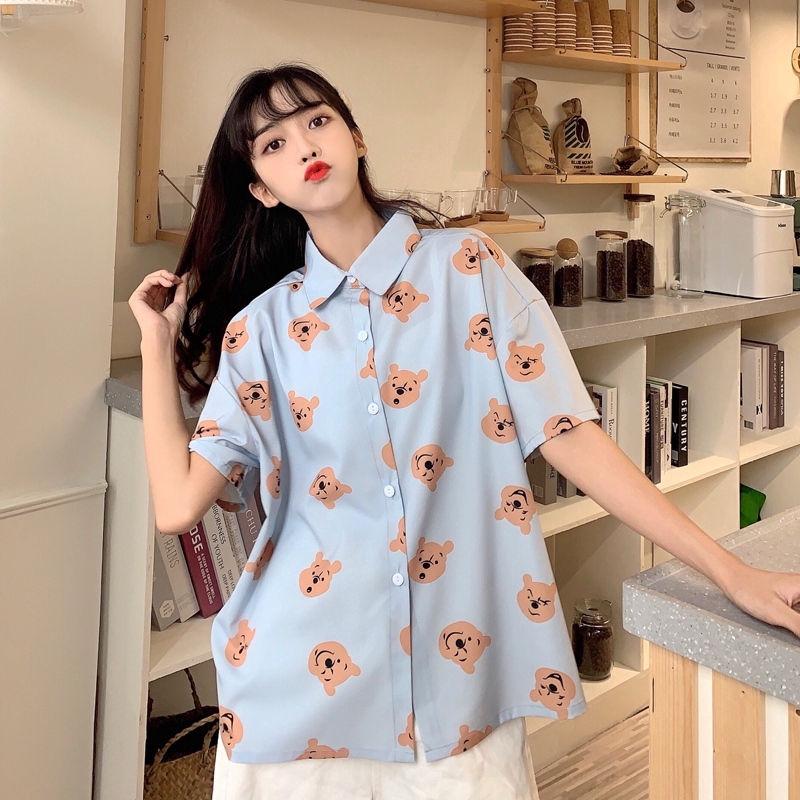 SUXI Áo kiểu nữ tay ngắn họa tiết hình chú gấu phong cách Nhật Bản