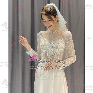 Áo Dài Cô Dâu Dự Tiệc Cưới Lụa Ren Voan Đính Ngọc Pha Lê From Cao Cấp