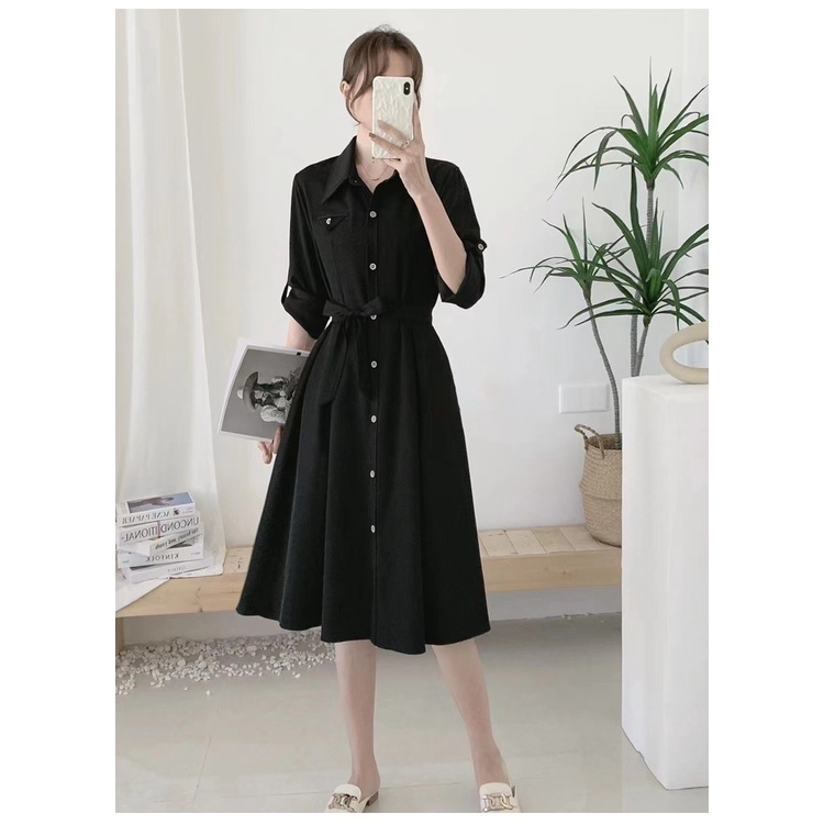 Đầm sơ mi công sở nữ dáng dài thắt eo có túi, váy sơ mi cột eo phong cách hàn Hàn Quốc thanh lịc mẫu mới nhất 2022