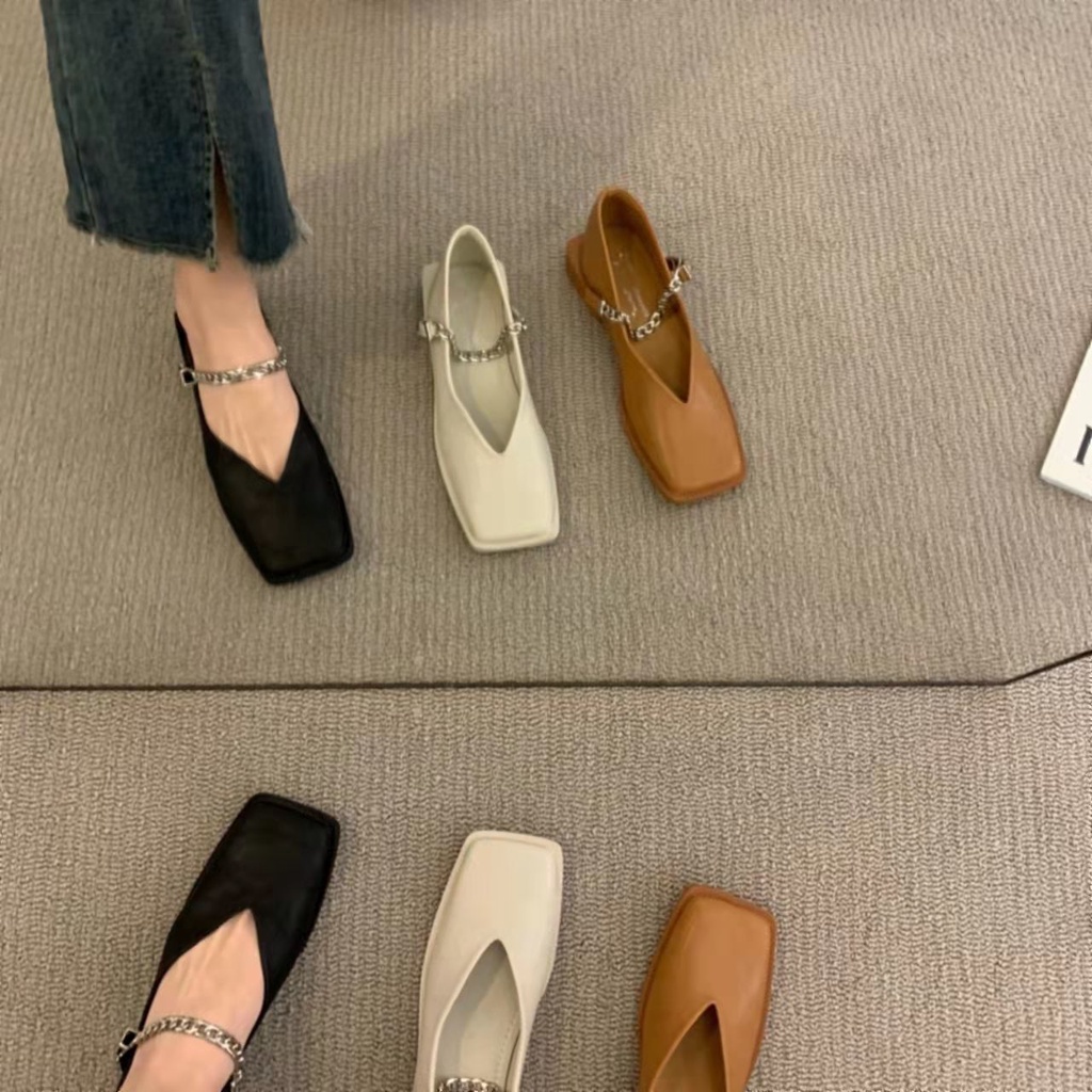 Giày Da Mũi Vuông Đế Bằng Phong Cách Pháp Cho Nữ