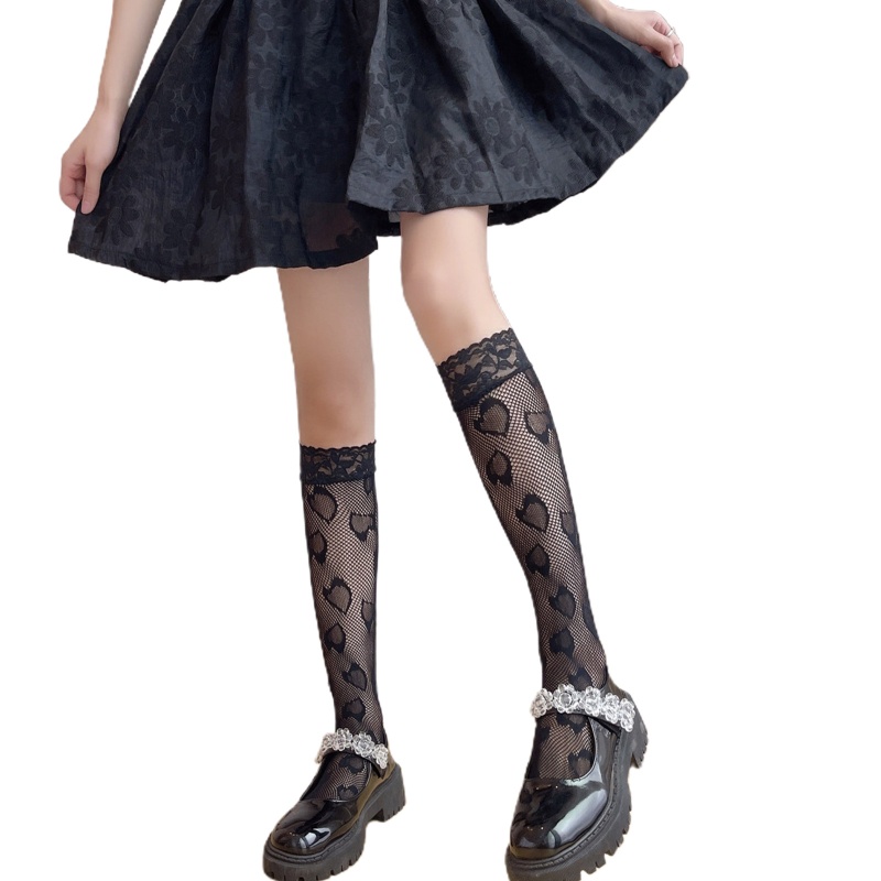 Xiangbao Vớ Ống Cao Ngang Bắp Chân Phối Ren Lưới Kẻ Sọc Trái Tim Ghép Nối Kiểu Lolita Nhật Bản Cho Nữ Có Sẵn