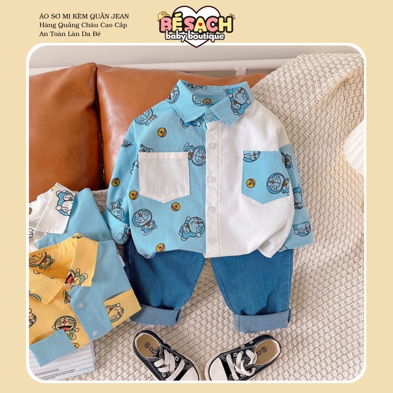 Bộ Áo Sơ Mi Dài Tay Kèm Quần Jean Cho Bé Trai Vải Cotton Có Túi Họa Tiết Đôremon Phong Cách Hàn Quốc Thời Trang Cao Cấp