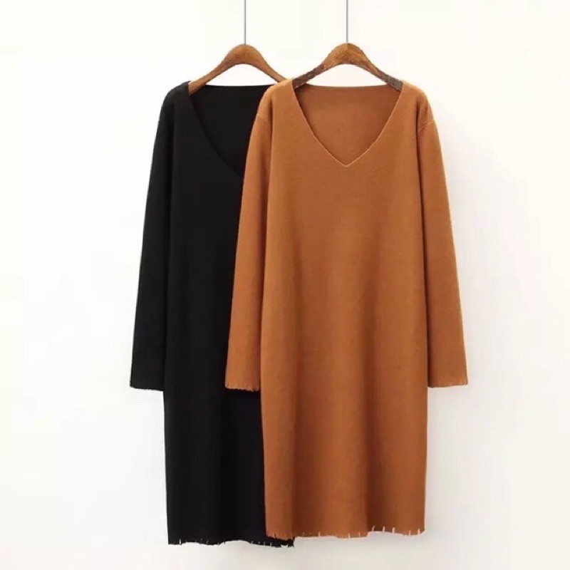 Váy suông rộng basic cổ tim xẻ cạnh dáng dài qua gối chất thun tăm | BigBuy360 - bigbuy360.vn