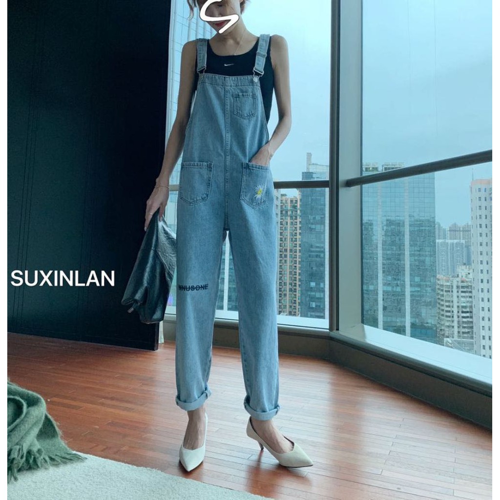 Quần yếm vải jeans dáng suông phong cách thời trang Hàn Quốc Tây Âu 2020