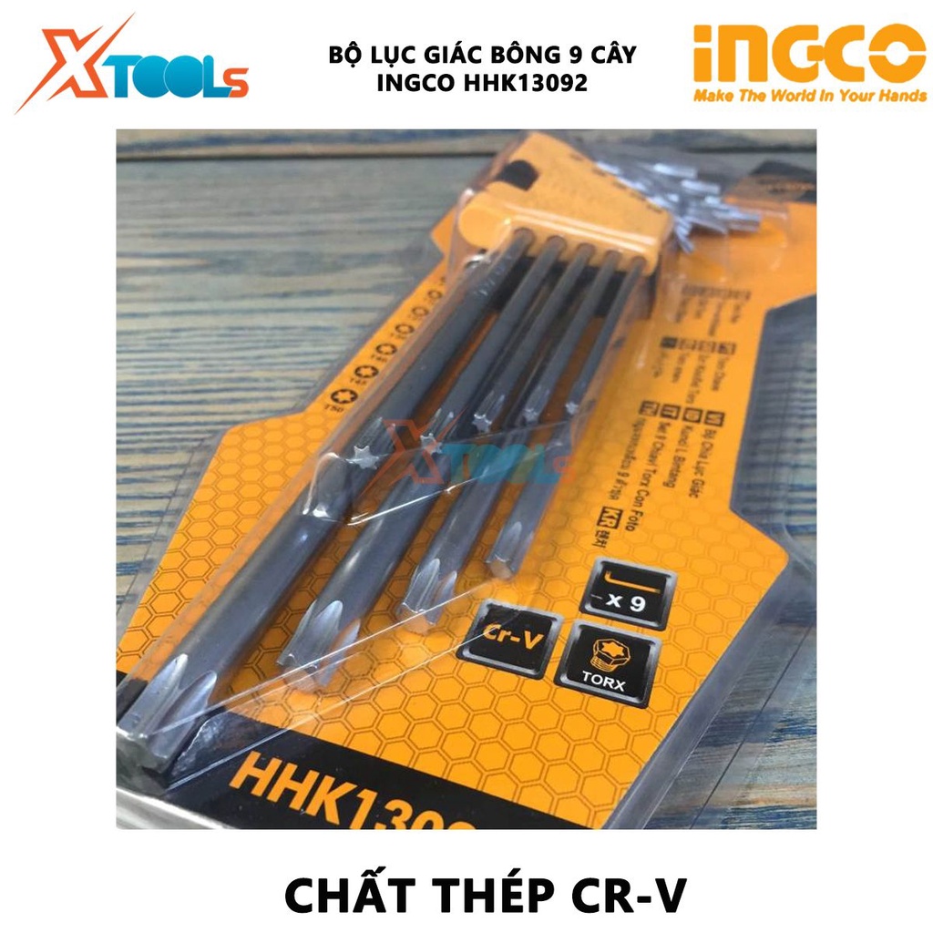 Bộ lục giác bông 9 cây INGCO HHK13092 Bộ 9 chìa lục giác bông được làm từ thép CrV gồm 9 cây T10, T15, T20, T25, T27, T3