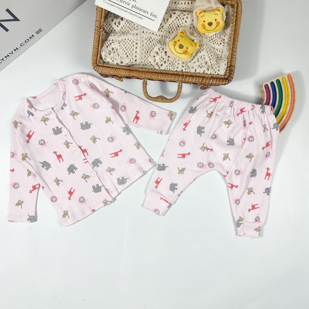 [SALE] Bộ Quần Áo Bé Gái, Bé Trai Minky Mom Vải Cotton Borip Động Vật, Bộ Sơ Sinh Dài Tay Cho Bé MKMSS2104