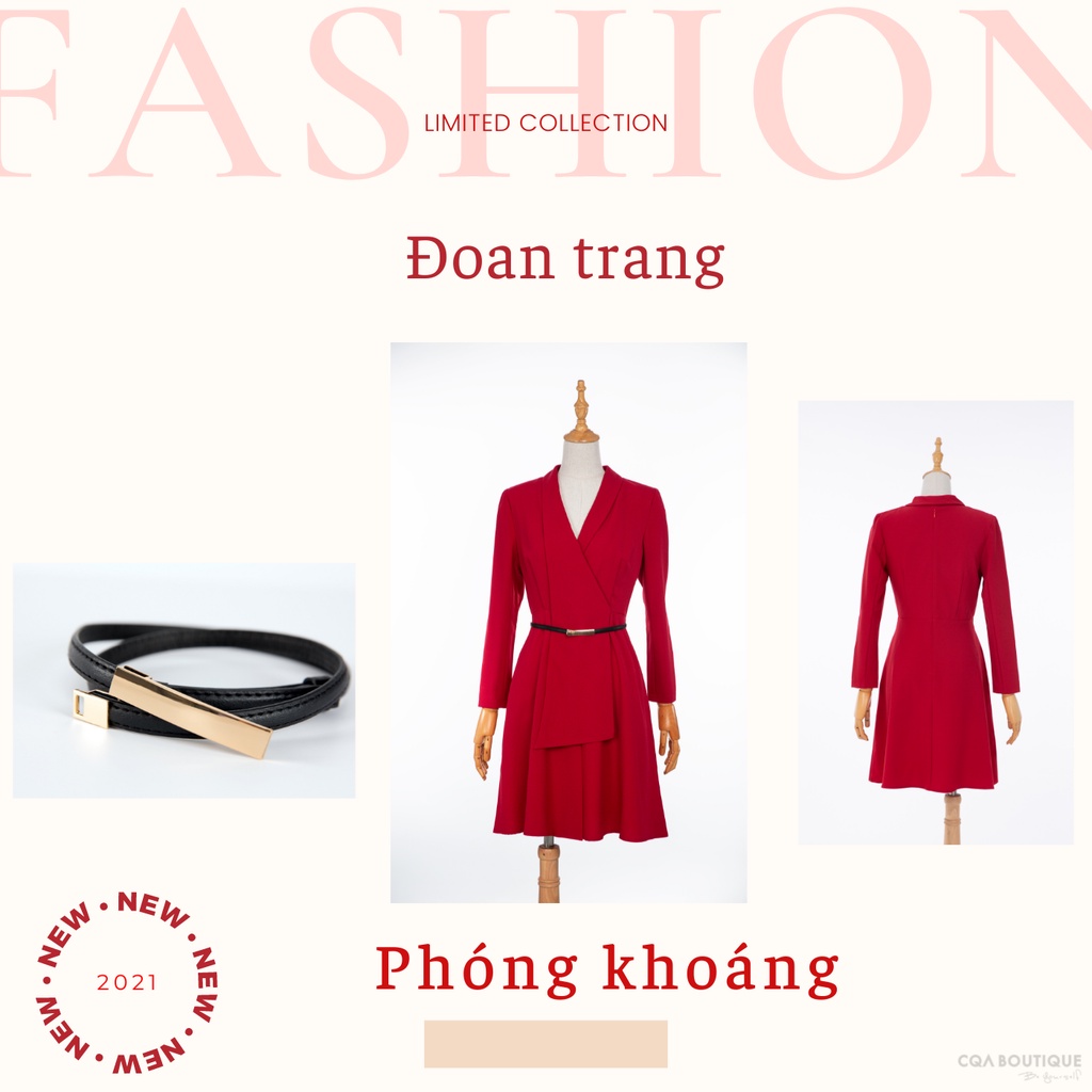 Đầm Vest Công Sở Tay Dài Kèm Dây Thắt Lưng CQA Boutique CQA0017 Màu Đỏ Rượu Chất Liệu Polyester