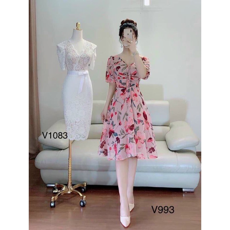 Đầm xòe tay lỡ rút dây họa tiết hoa lá xinh xắn