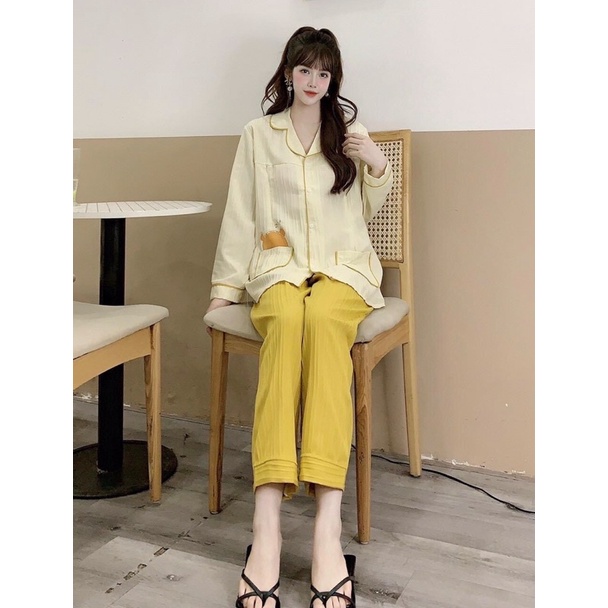 Bộ đồ bầu và sau sinh dài tay thu đông pijam mặc nhà vải xốp nhăn mềm mại thoáng mát thấm mồ hộ thiết kế đẹp giá rẻ