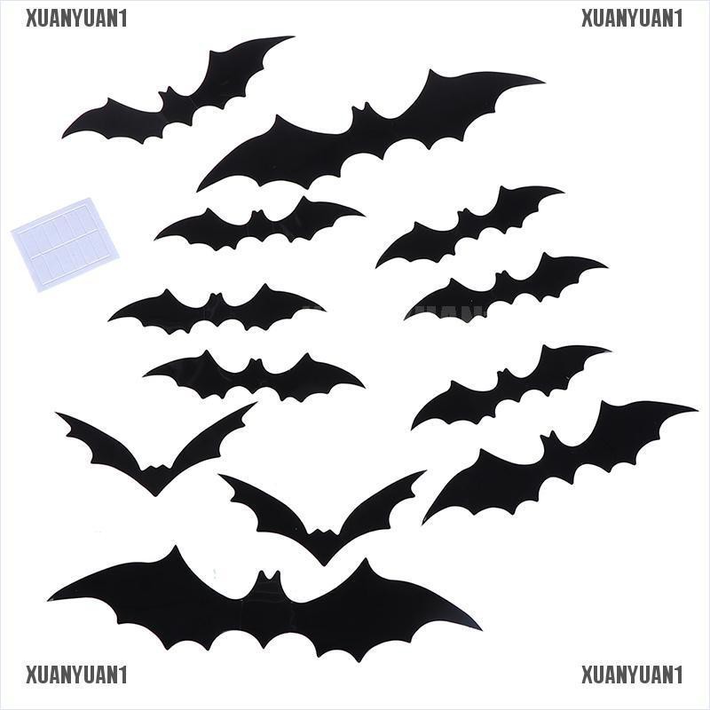 Set 12 Sticker Dán Tường Hình Dơi 3D Bằng PVC Màu Đen Phong Cách Halloween Tiện Dụng