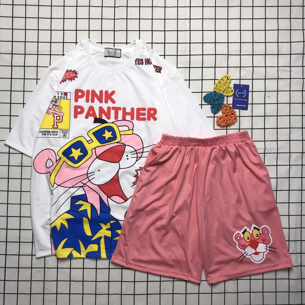 Set Đồ Bộ In Hình Chú Báo Hồng- the pink panther cartoon 3D Cute DB45-Lapi VN Áo+ Quần Đùi Vải Thun Cotton Thoáng Mát