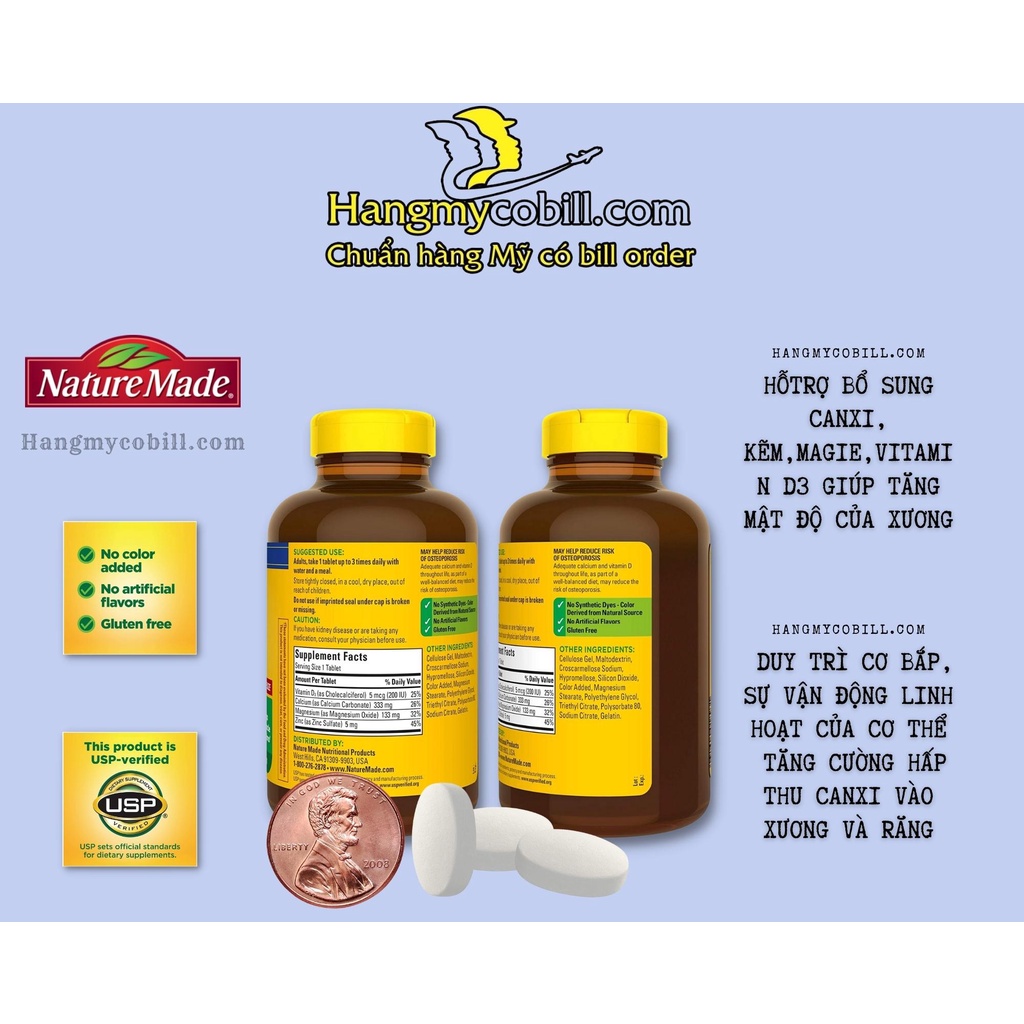 Viên uống bổ sung canxi Nature Made® Calcium Magnesium Zinc With vitamin D 300 của Mỹ