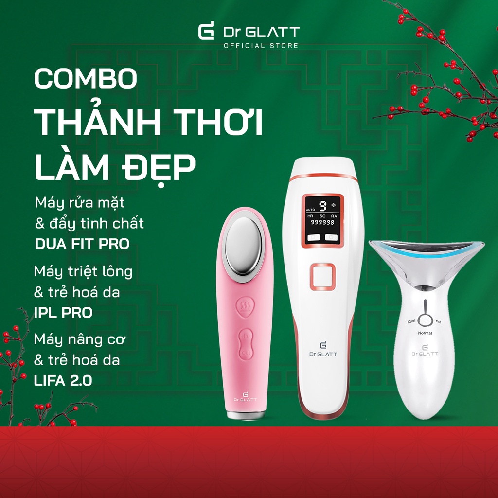 Set máy dưỡng da đa năng - máy triệt lông mini &amp; trị mụn, máy rửa mặt &amp; tẩy trang, máy massage mặt &amp; nâng cơ DR GLATT