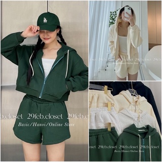 Set áo khoác nỉ bông kéo khoá kèm quần short sporty