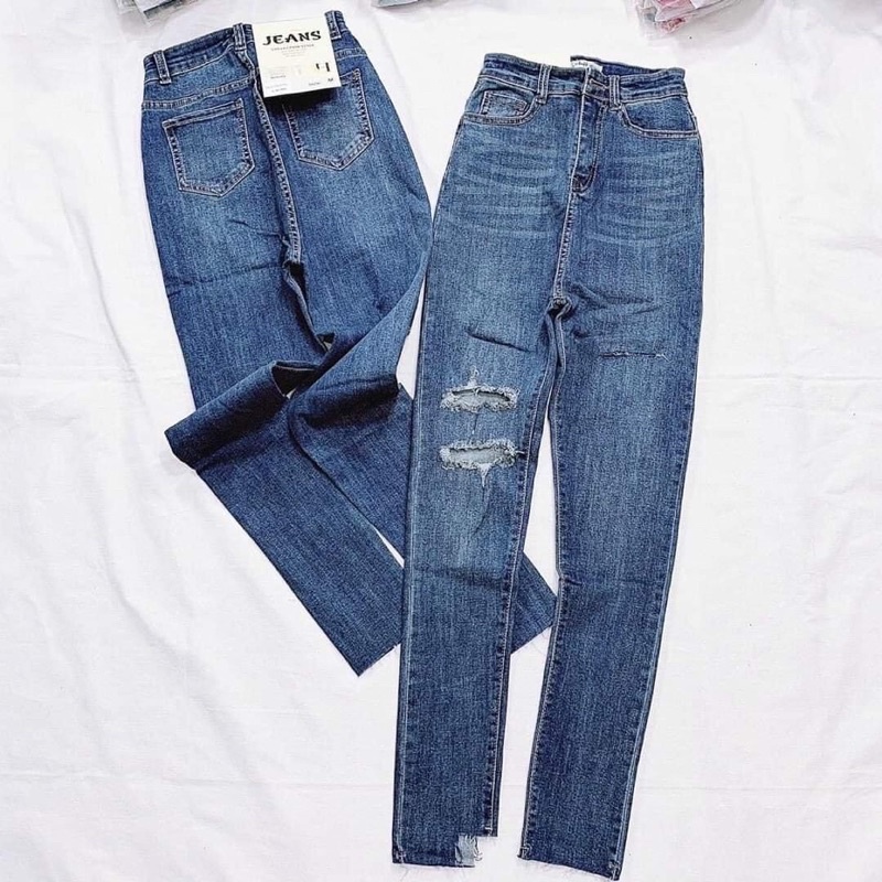 Quần jean nữ lưng cao,quần bò rách chất co giãn,quần jean dáng skinny