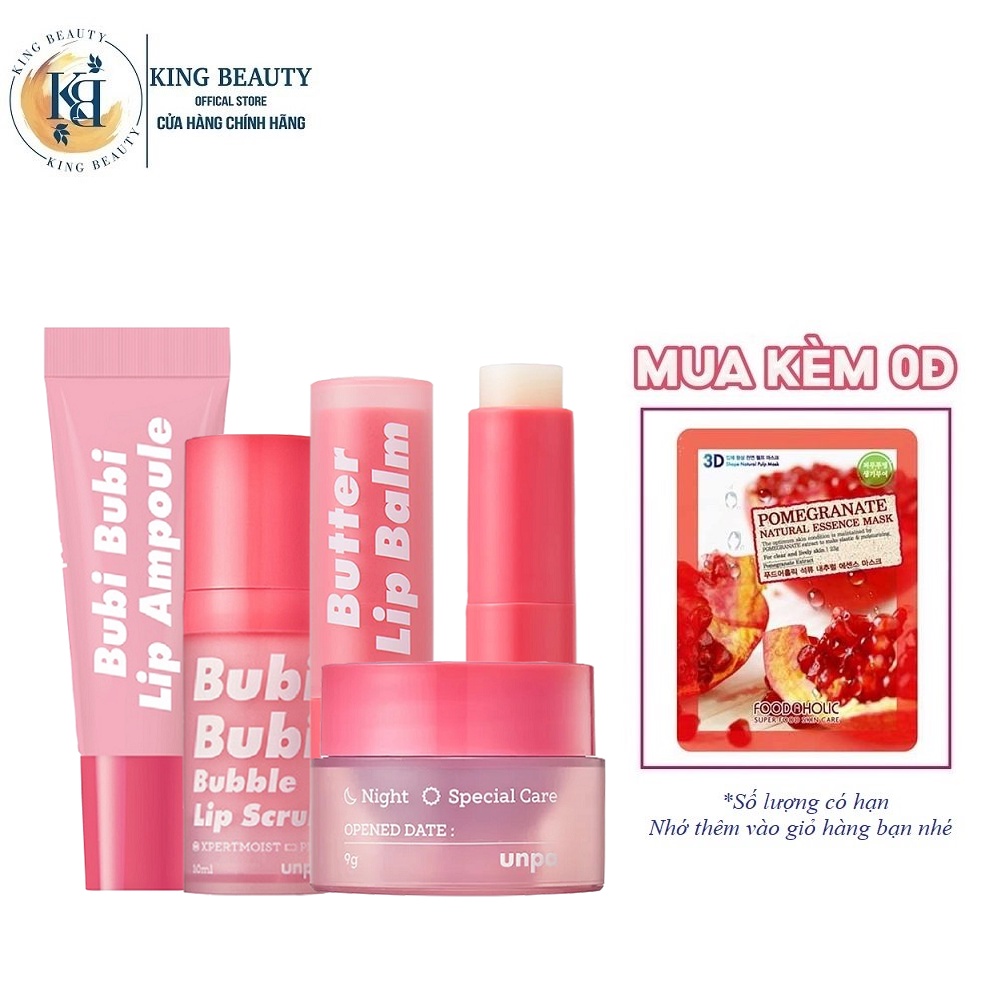 Bộ4Sản Phẩm Dưỡng Môi Dưỡng Ẩm Cho Môi Unpa Bubi Bubi Butter Lip Balam (son dưỡng+tẩy tế bào chết+tinh chất+mặt nạ)