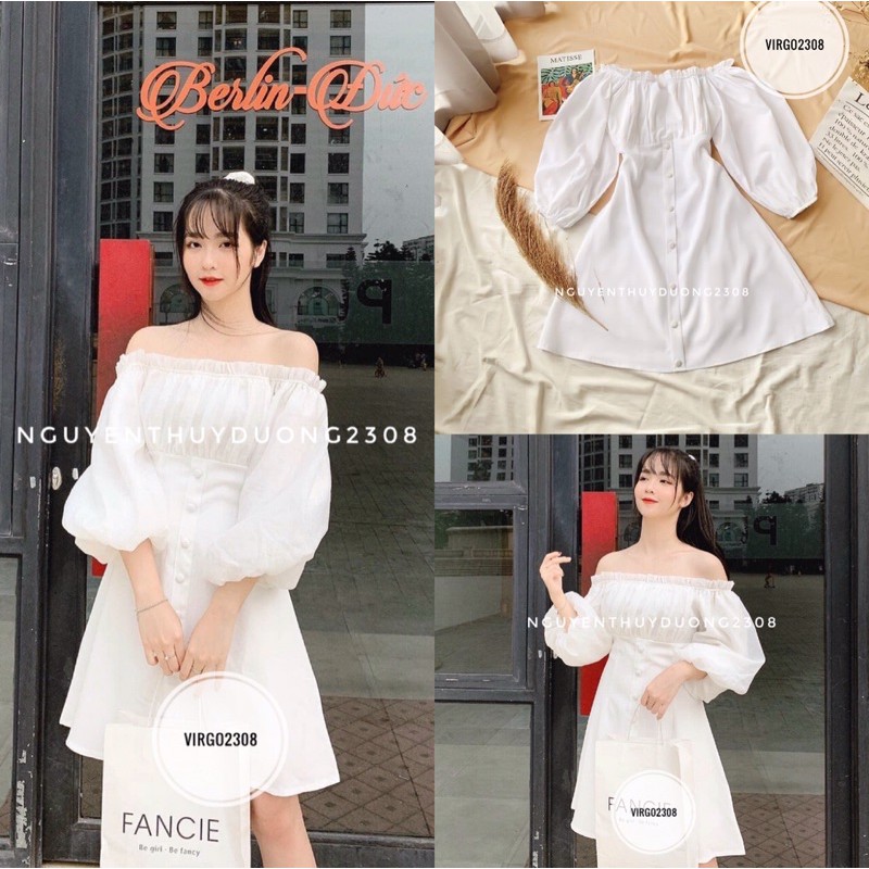 [Ảnh thật/Video]Váy Fanci trễ vai cúc bọc tiểu thư