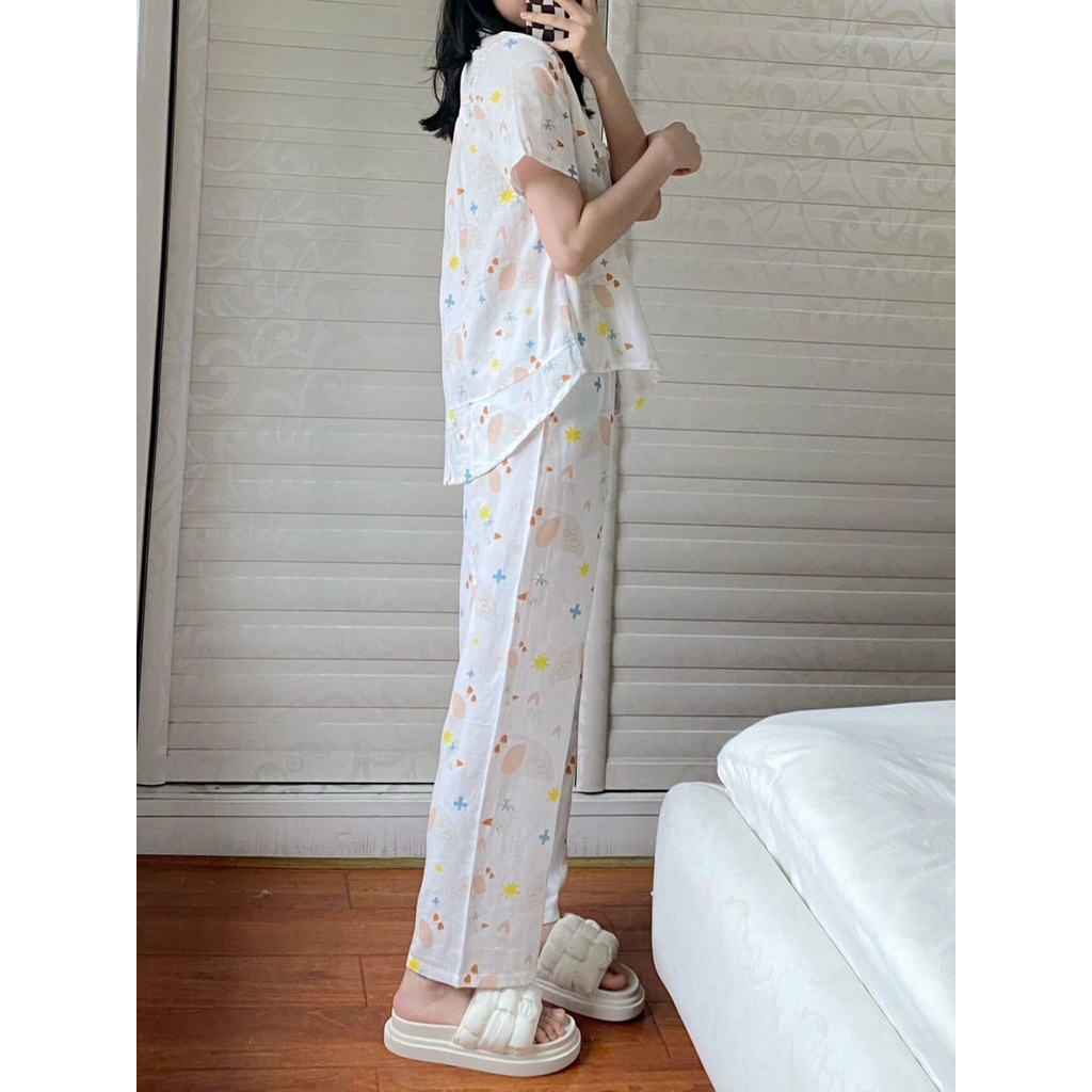 Bộ Đồ Ngủ Mặc Nhà Vải Mỏng Tay Ngắn In Họa Tiết Dễ Thương Thời Trang Mùa Hè Cho Nữ