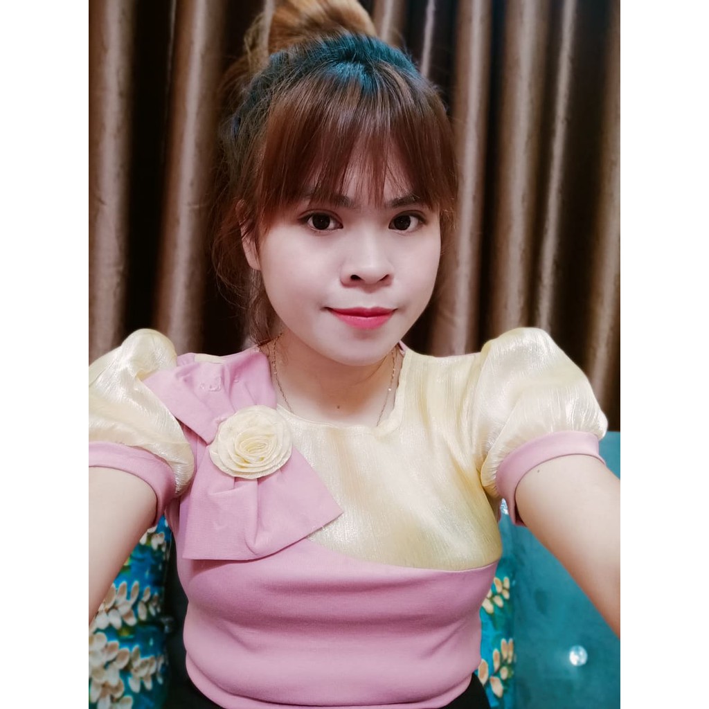 áo thun tay bồng thân phối von ngực đính nơ hoa chât zip thái
