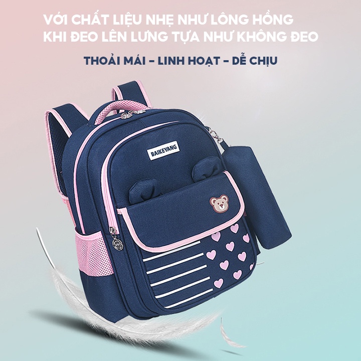 Balo Đi Học Tai Gấu Mẫu Cặp Sách Chống Gù Tặng Kèm Túi Đựng Bút Viết Nhiều Ngăn Chứa SB-140