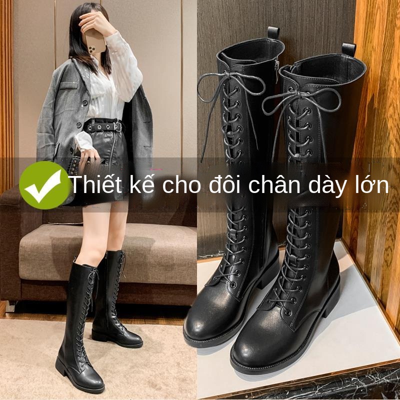Giày bốt nữ ống cao đến gối phối vải lông mũi tròn to khí chất thời trang mùa đông mới