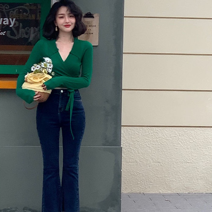 Áo croptop cổ chữ V eo cao phong cách retro Pháp thời trang mùa thu cho nữ 2021