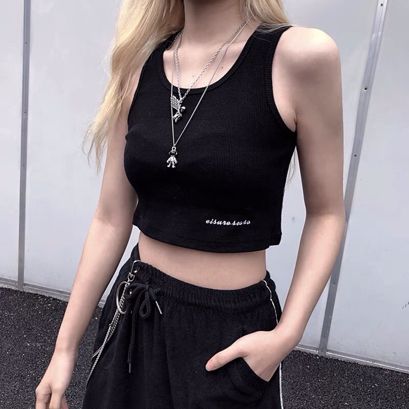 Áo Croptop 3 Lỗ Thể Thao Chữ Viền 2 Màu Đen Xám