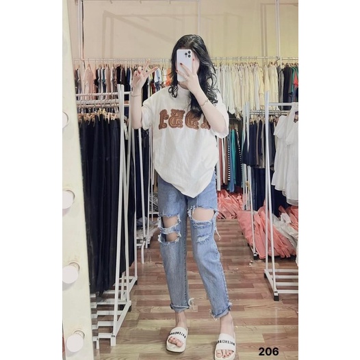 Quần baggy jean rách gối te tua nữ màu xanh nhạt Lê Huy Fashion MS 206