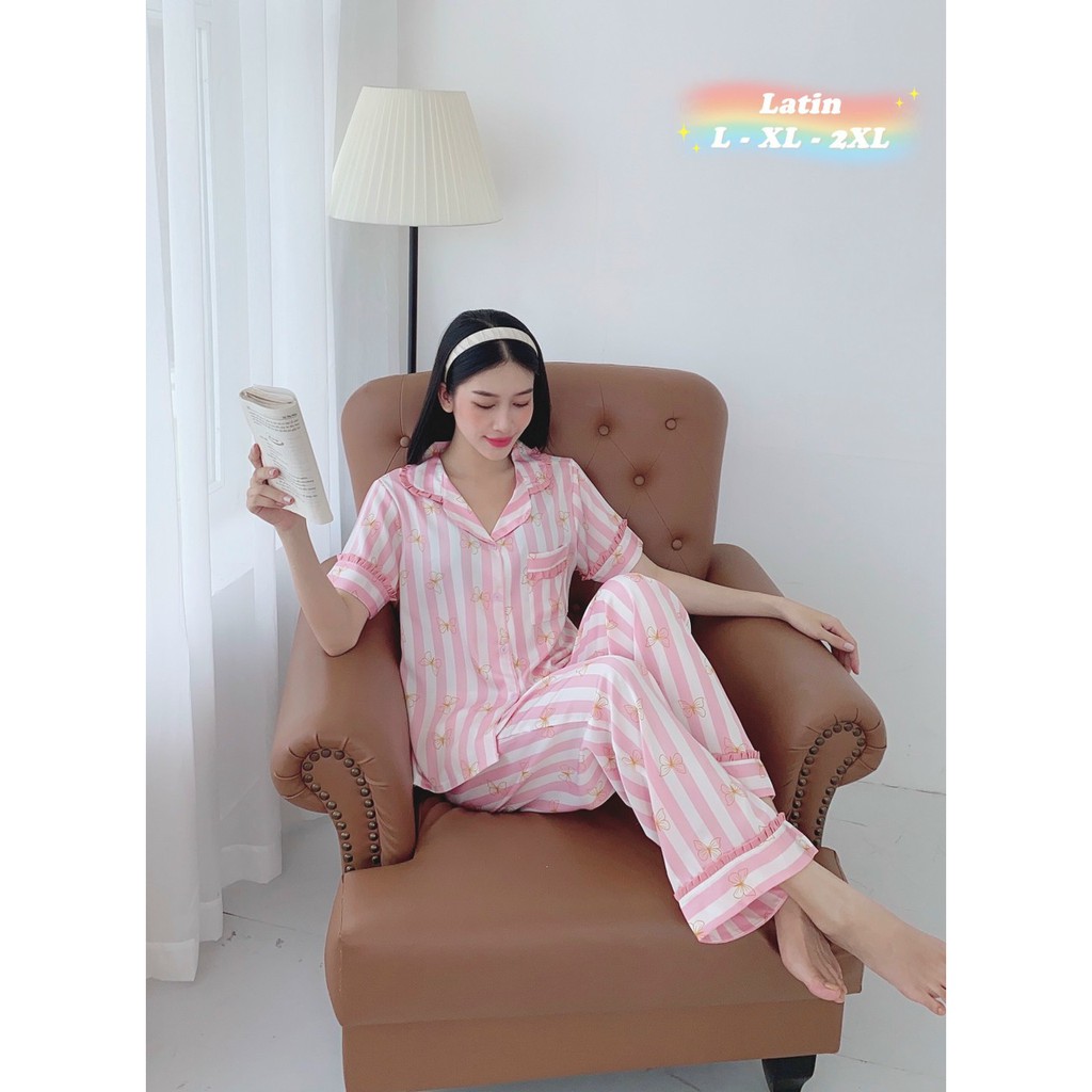 [Ảnh + video thật] Đồ Bộ Pijama thiết kế LỤA LATIN LOẠI 1 Size 50-65kg Áo cộc Quần dài siêu mát,nhẹ mềm mịn mướt