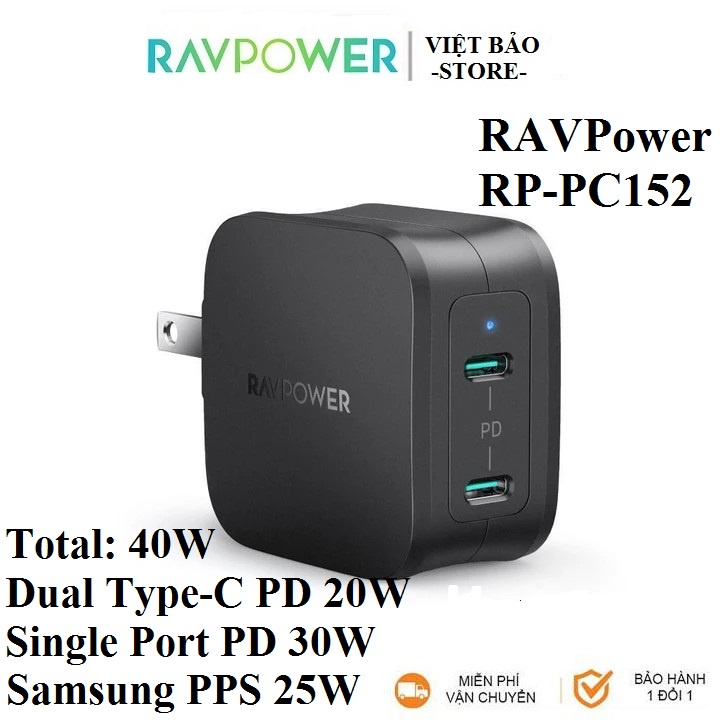 Củ Sạc Nhanh 40W Ravpower Rp - Pc152, Dual Type - C Pd 20W, Pps Max 25W