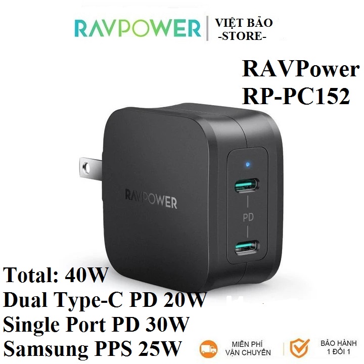 Củ Sạc Nhanh 40W RAVPower RP-PC152, dual Type-C PD 20W, PPS max 25w