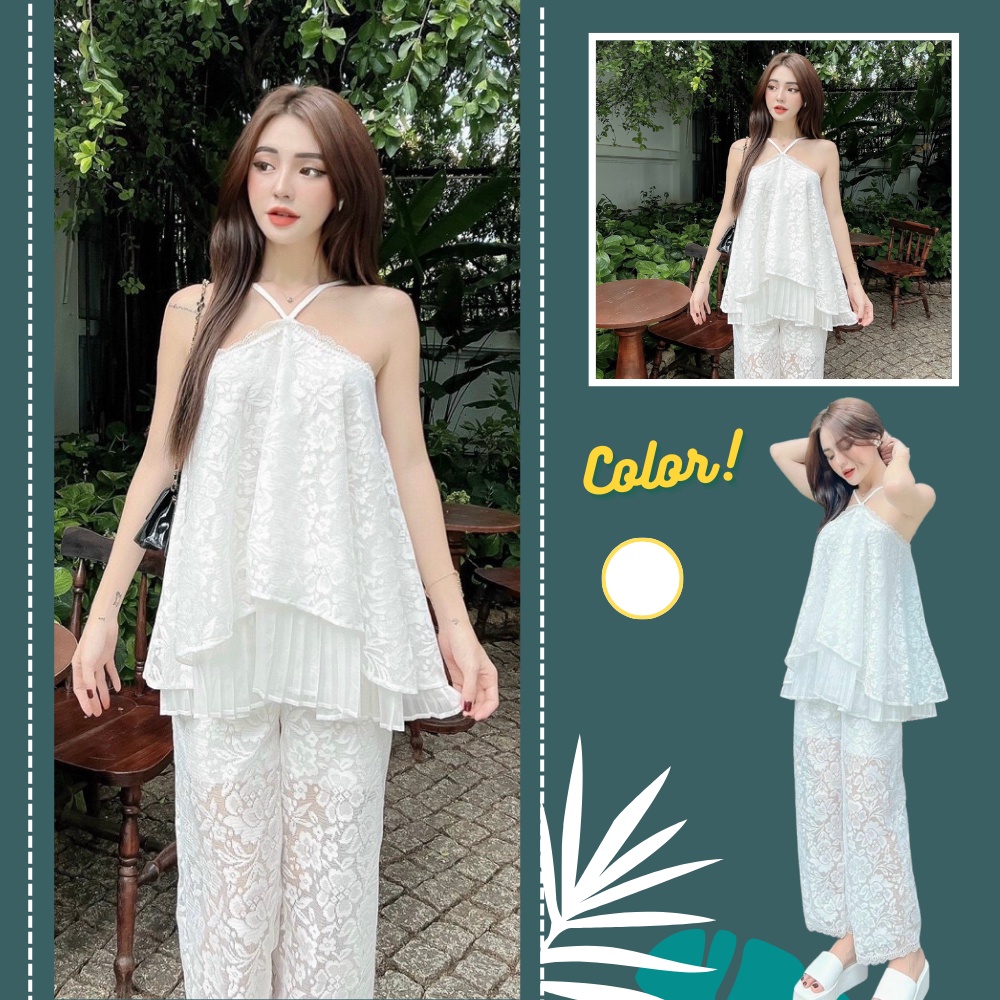 Set Áo Cổ Yếm Trắng Chất Tơ Hoa Nổi Kèm Quần Dài Ống Rộng TYLANSTORE Siêu Hot Hit Áo Thiết Kế 2 Dây Chéo