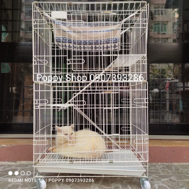Chuồng Mèo Xếp 3 Tầng Sơn Vân Đá Màu Trắng Có Bánh Xe Tặng Võng 100x60x40 Cm