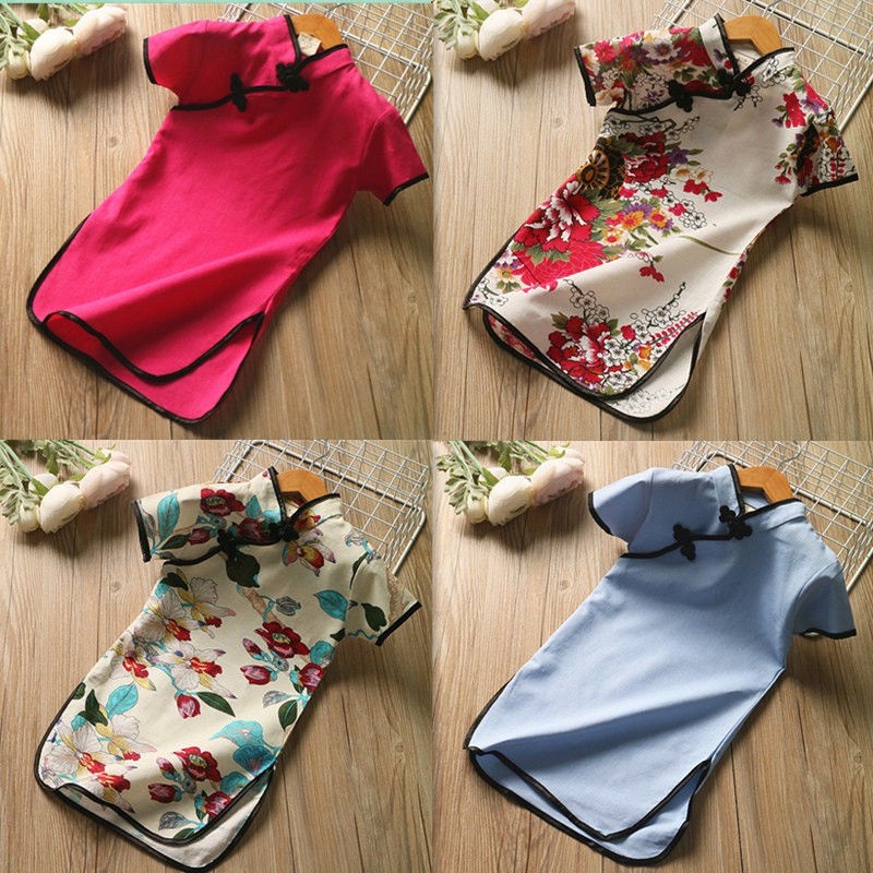 Sườn xám in họa tiết hoa xinh xắn cho bé gái-Sườn xám hoạ tiết hoa phong cách truyền thống cho bé