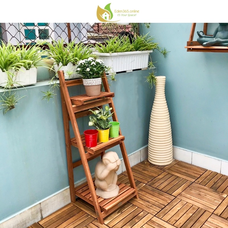 Kệ gỗ 3 tầng, kệ chữ a để chậu hoa, trang trí ban công sân vườn chất liệu gỗ tràm có thể gấp gọn