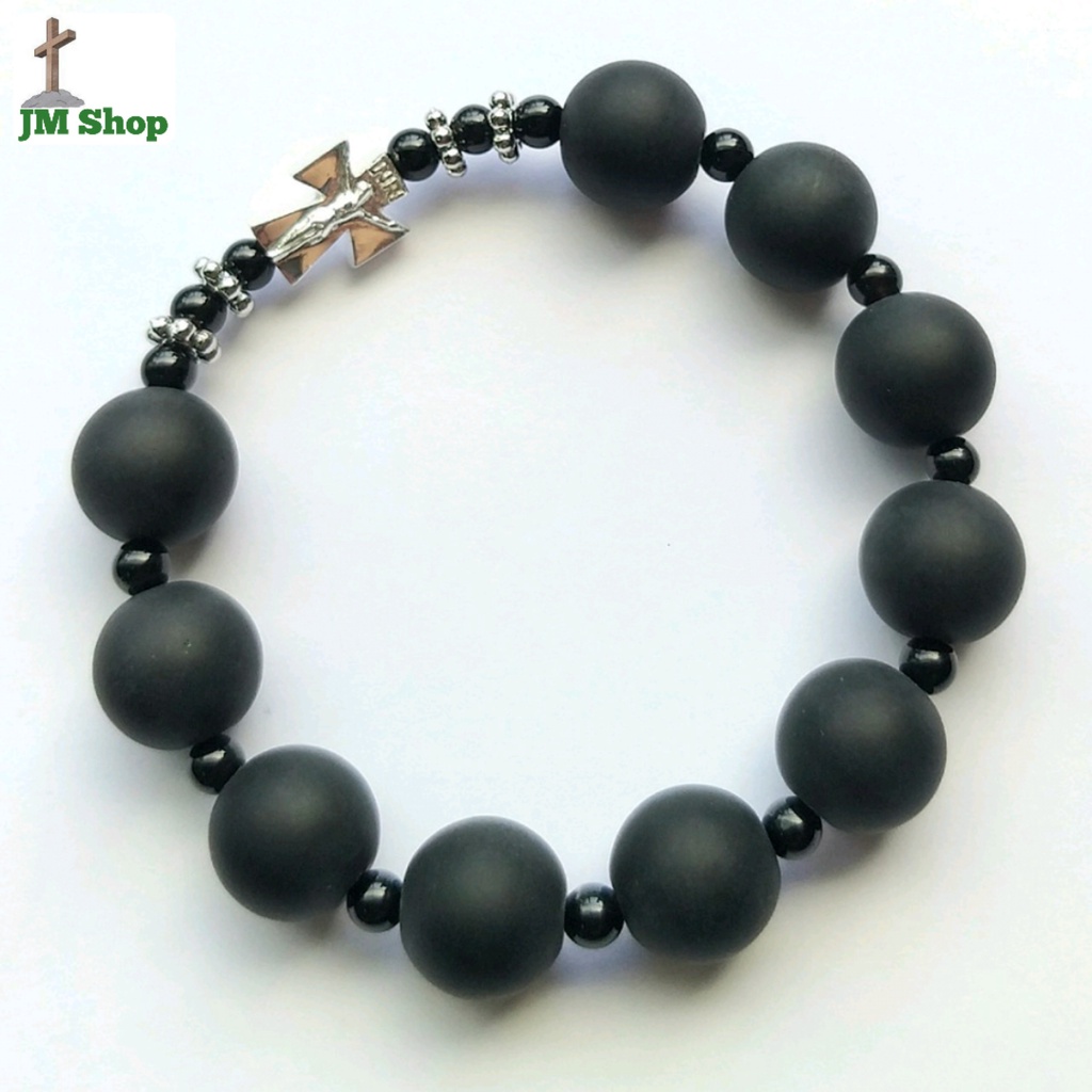 Chuỗi Mân Côi Mã Não Đen Nhám 12li Nam Mix Hoa Và Thánh Giá Bạc Ta Nguyên Chất
