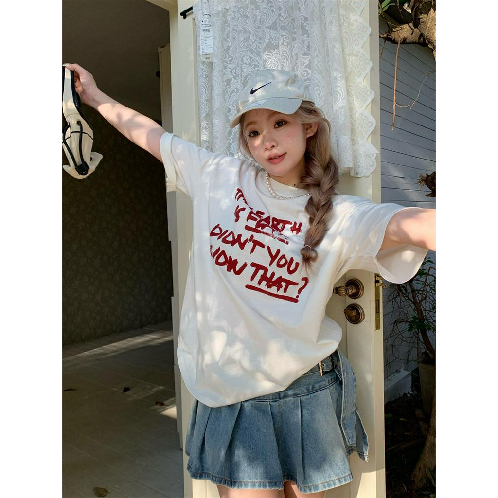 Áo Thun Cotton Ngắn Tay Dáng Rộng In Họa Tiết Mùa Hè 63075