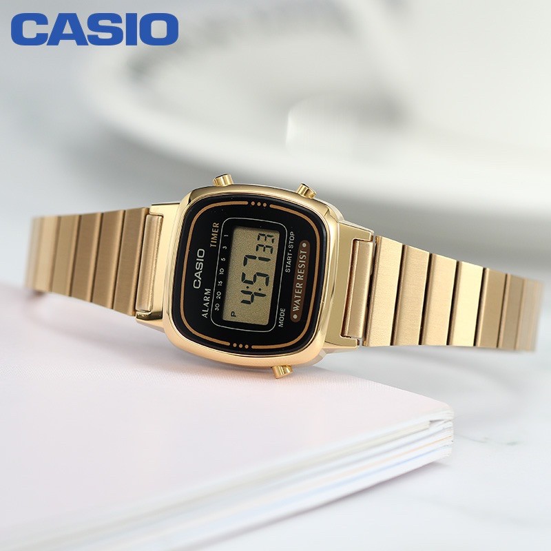 Đồng hồ nữ Casio điện tử chính hãng mặt vuông chống nước 3ATM , dây kim loại -LA670