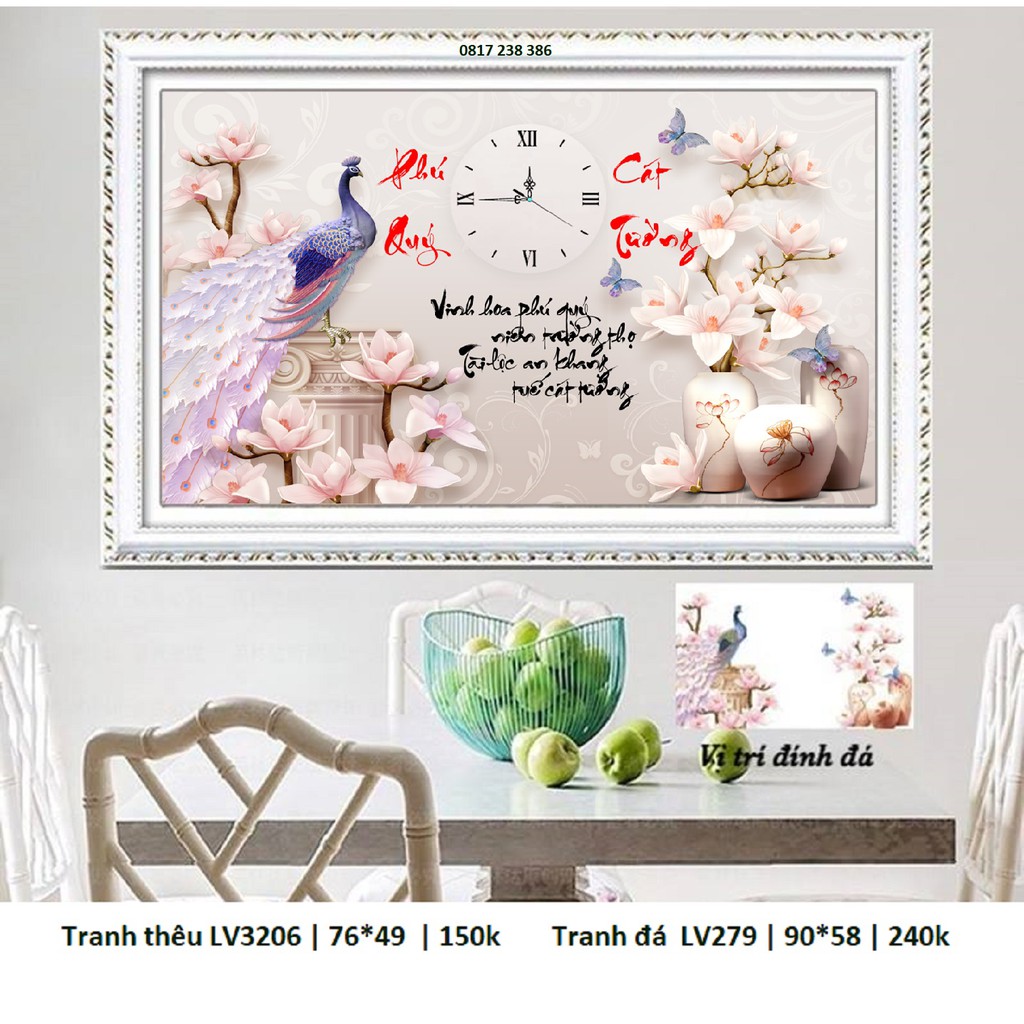 Tranh thêu chữ thập phú quý cát tường đồng hồ LV3206