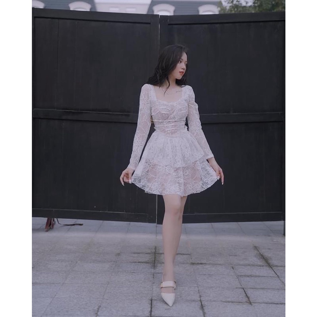 Váy ren nude 2 tầng xoè tay dài tiểu thư