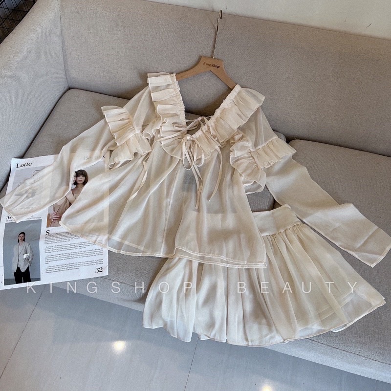 SET ĐỒ MAI PHUONG BUI GỒM ÁO SƠMI BỒNG TAY CHẤT VOAN + CHÂN VÁY XOÈ