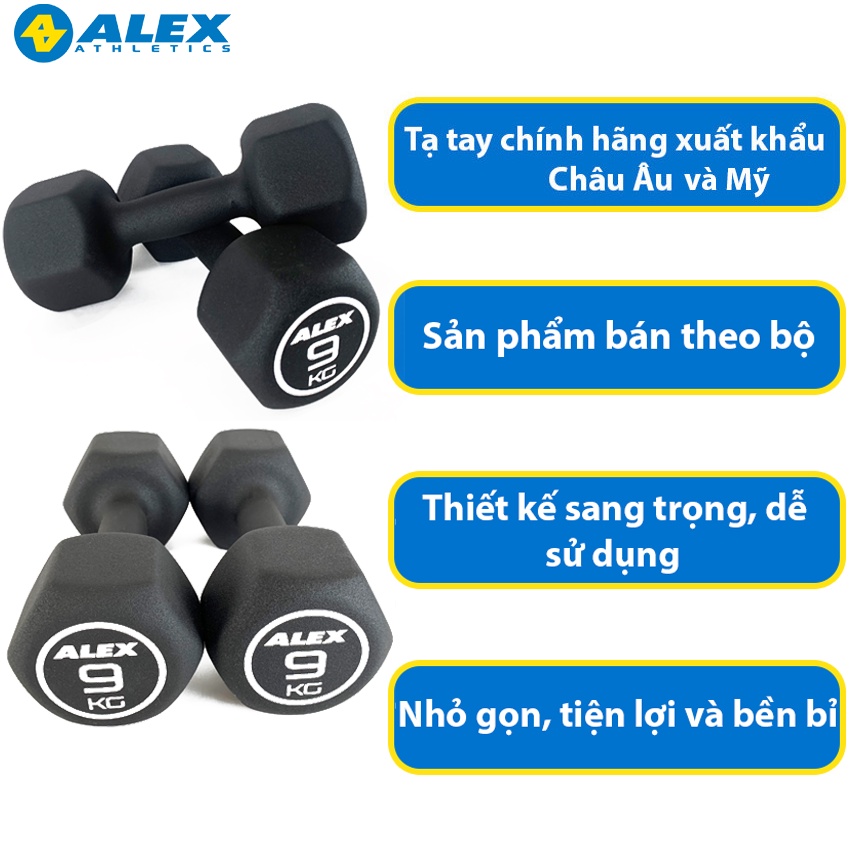 Bộ Tạ Tay Lục Giác Tại Nhà 9Kg ALEX Cao Cấp, Lõi Gang Đặc Bọc Cao Su, Tập Gym Yoga, Chống Trơn Trượt