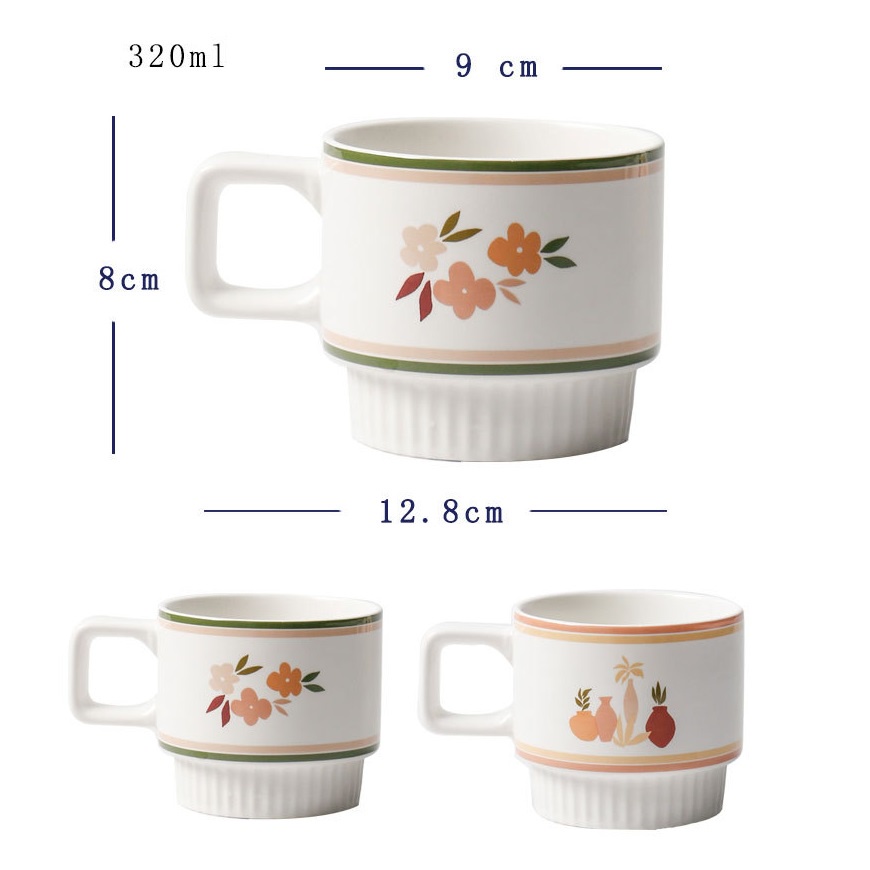 Cốc sứ uống trà, cafe 320ml in hình hoa vintage phong cách Bắc Âu