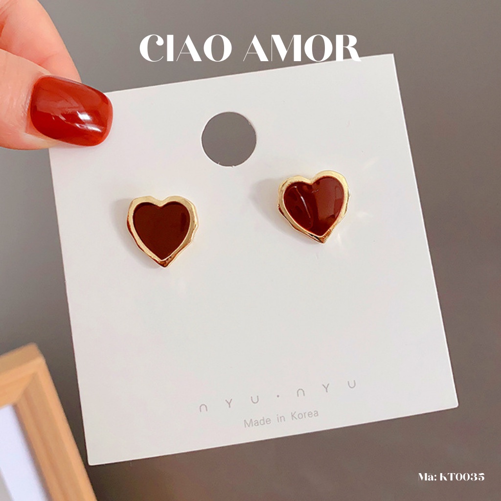 Khuyên tai nữ, bông tai nữ trái tim đỏ Trang sức Ciao Amor - Mã KT0035