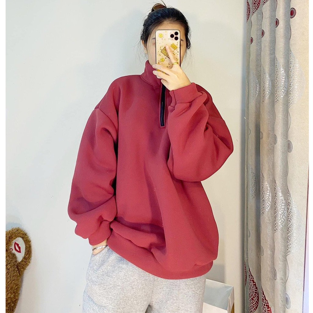 Áo nỉ cổ lọ lót lông nữ ♥ Áo Sweater khóa kéo cổ đơn giản form rộng ulzzang dáng dài tay bo nữ HOT ♥