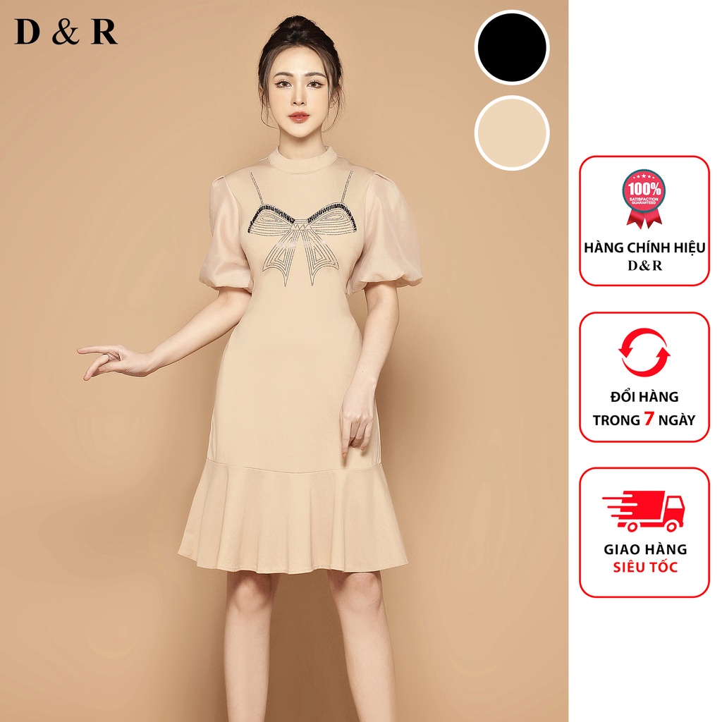 Đầm thun suông bigsize họa tiết nơ đính đá tay phồng Quảng Châu cao cấp váy đi chơi cafe thương hiệu thời trang D&R D172