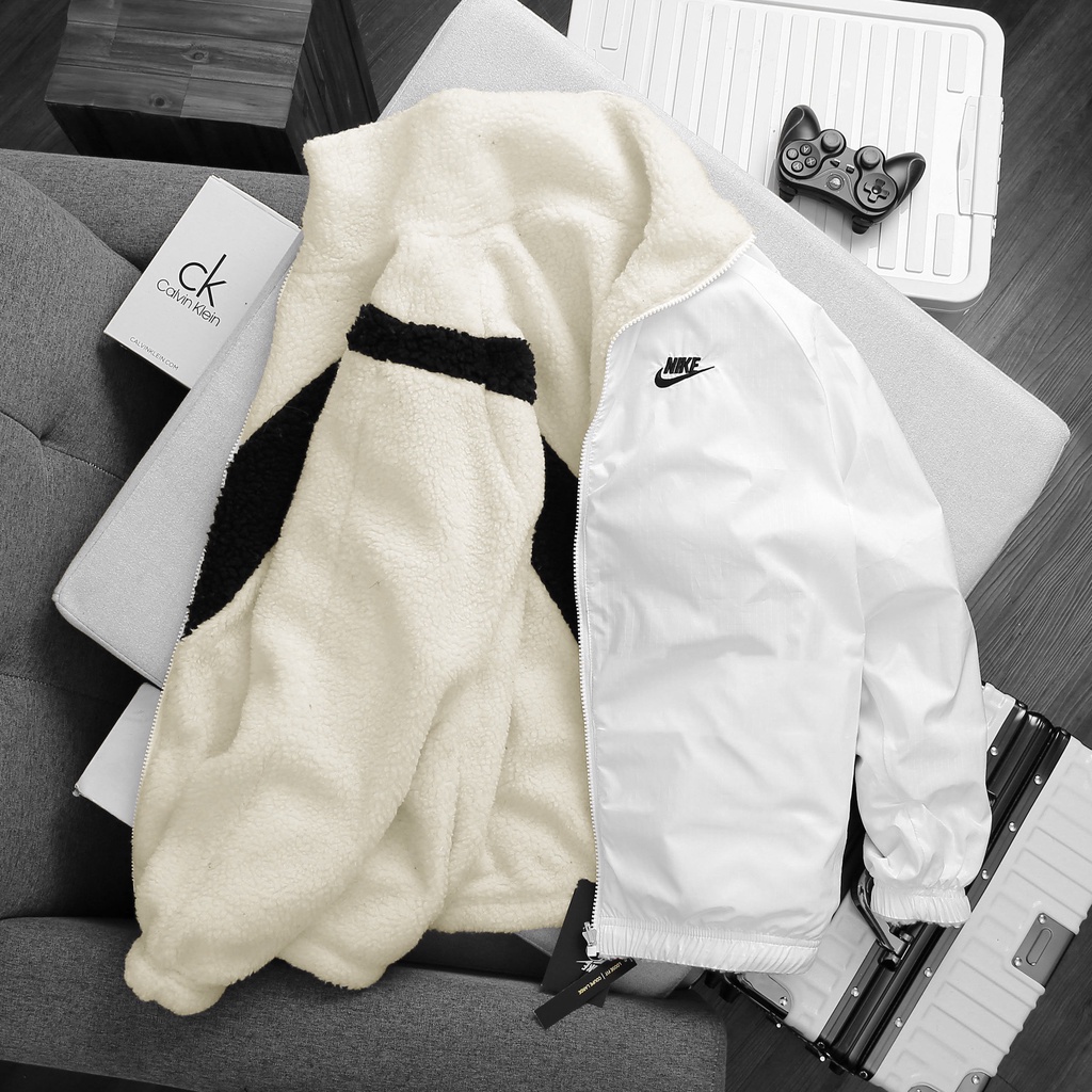 NIKE - Áo khoác lông thể thao nam nữ Nike Sportswear Swoosh Stand Collar Reversible Jacket chính hãng - Trắng kem x Đen