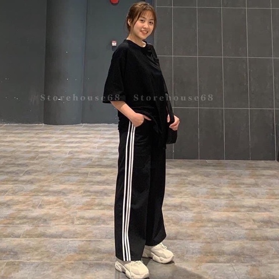 Quần thể thao nữ ống rộng 3 sọc trắng dáng suông dài màu đen co giãn vải UMI - Quần jogger dây rút gấu mặc nam nữ đi học